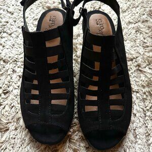 LIKE NEW EUROSOFT BY SOFFT VESTINA BLACK SUEDE CAGED STRAPPY HEEL SANDALS 8M
